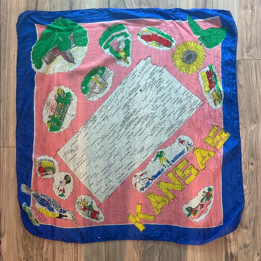 USED. Vintage silk scarf featuring Kansas. Pink and Blue Scarf